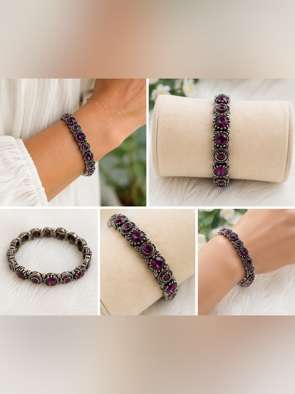 Vintage Style Purple Crystal Stretch Bracelet Silver Tone Amethyst Look